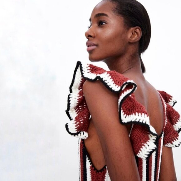 ZARA Striped Black Crochet Ruffle Strap Sleeveless Jumpsuit - S - Picture 8 of 14